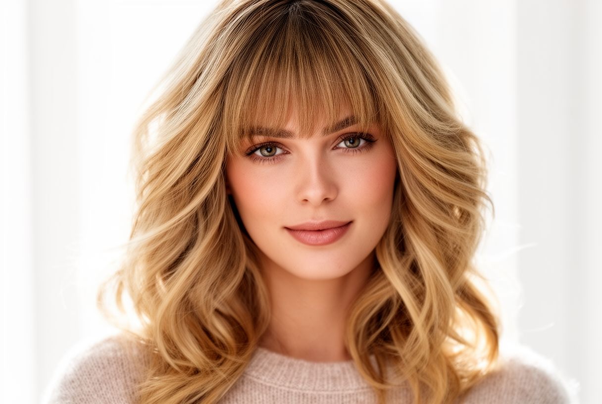 Femme butterfly haircut avec mèches encadrant le visage