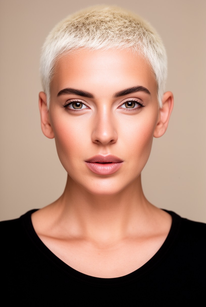 Femme avec un buzz cut platine assumé