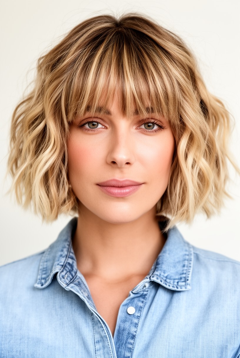 Femme avec un carré wavy et un balayage blond sur frange rideau