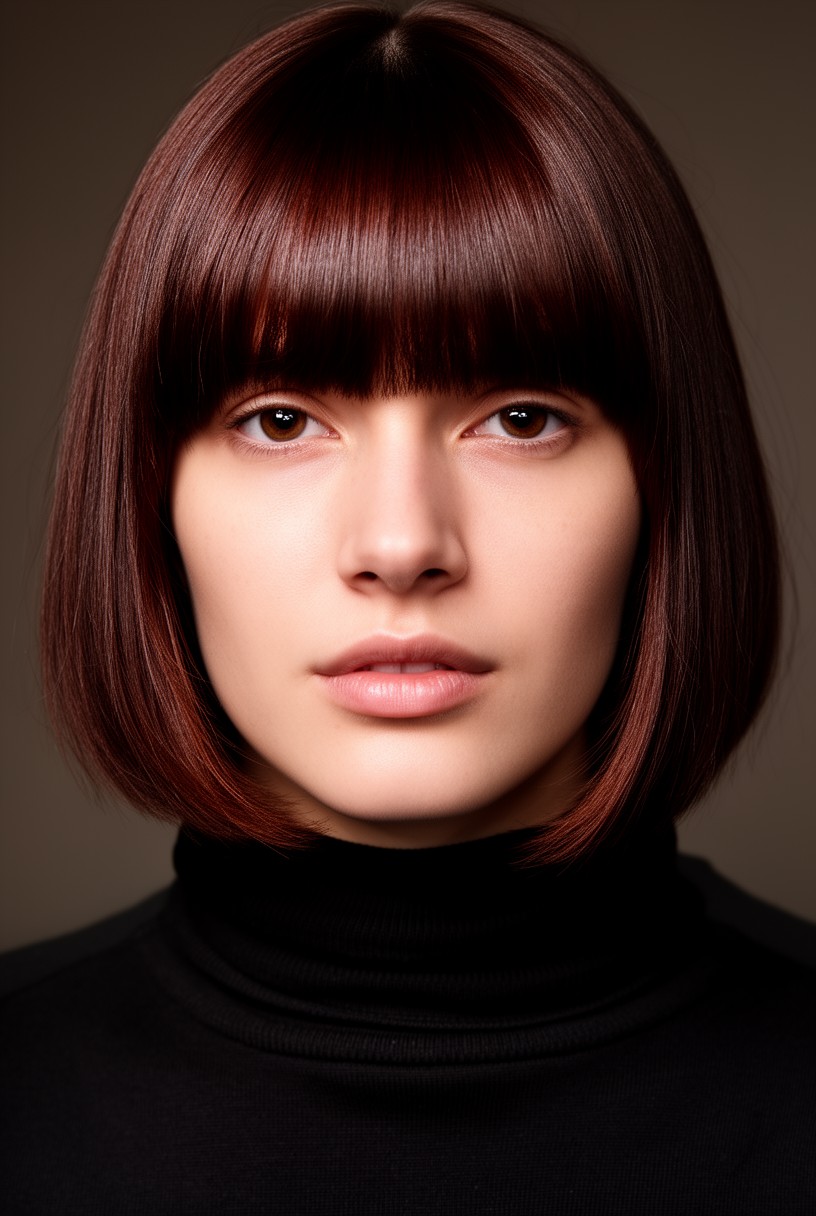 Femme avec un carré brun brillant et une frange rideau