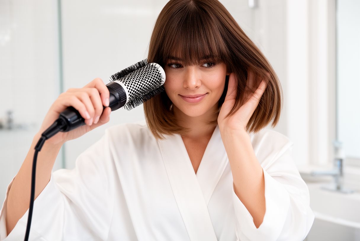 Femme coiffant sa frange rideau au séchoir avec une brosse ronde
