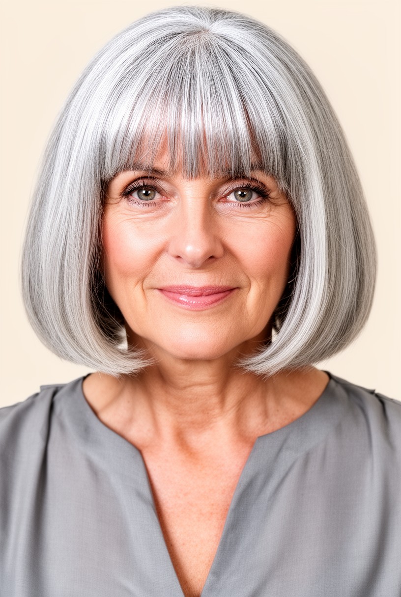 Femme mûre avec un carré gris lumineux et une frange rideau