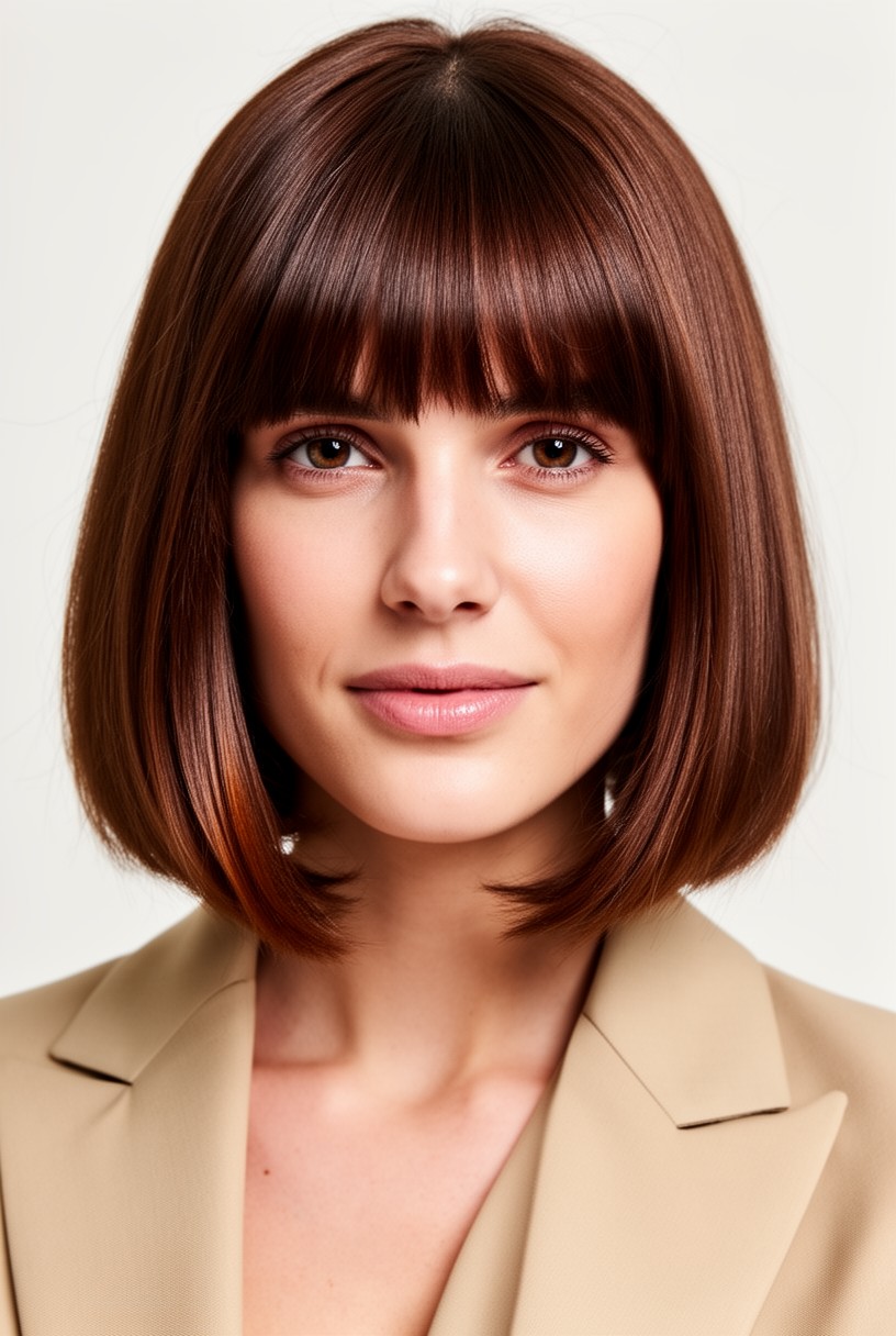 Femme avec un carré long lob et une frange rideau
