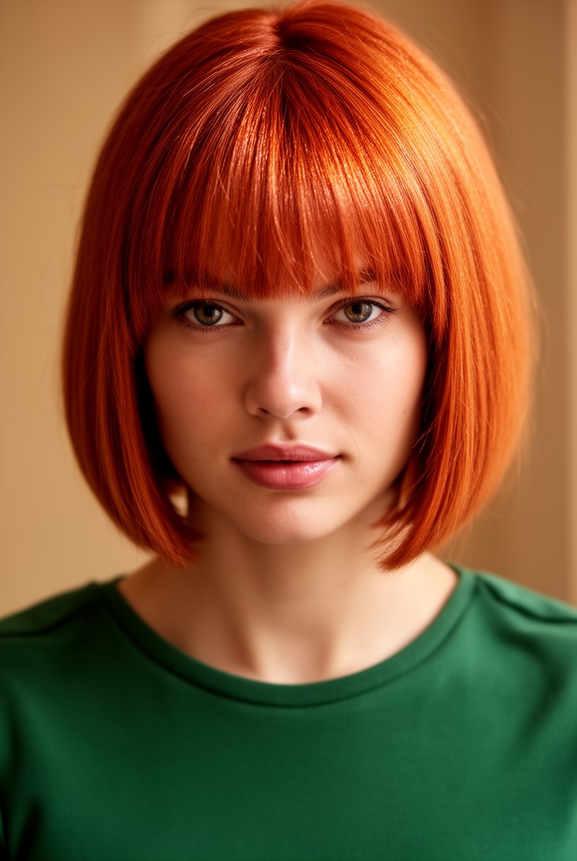Femme rousse avec un carré et une frange rideau