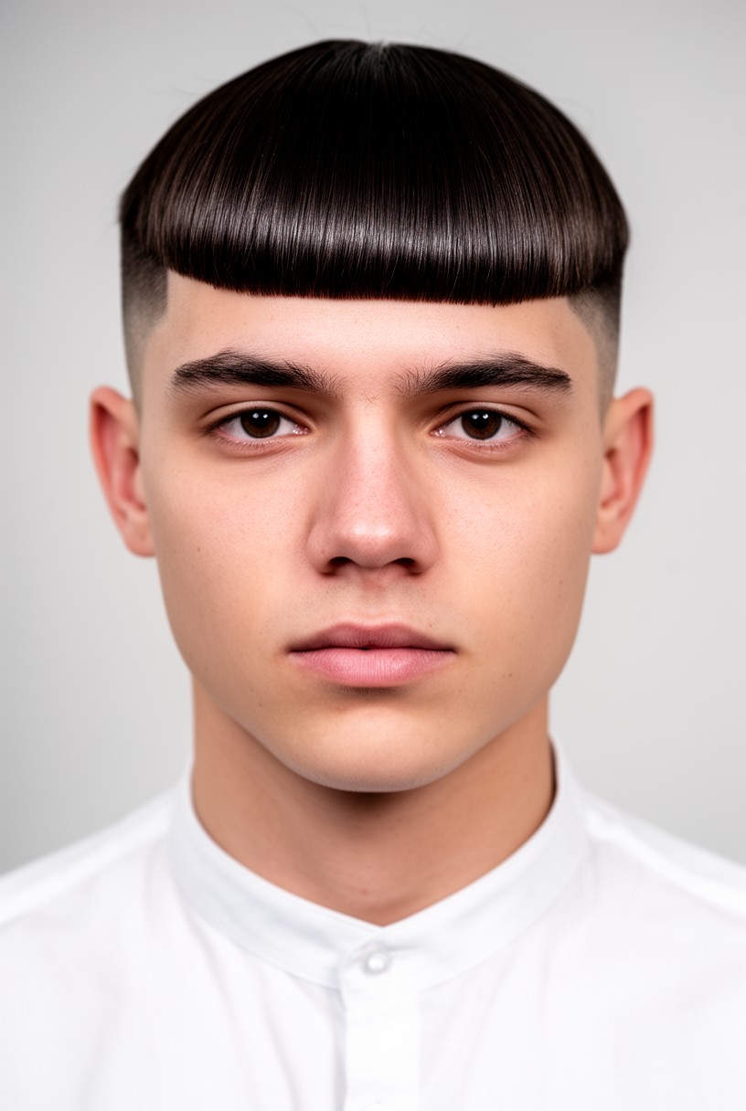 Homme avec une coupe casquette et une frange droite nette