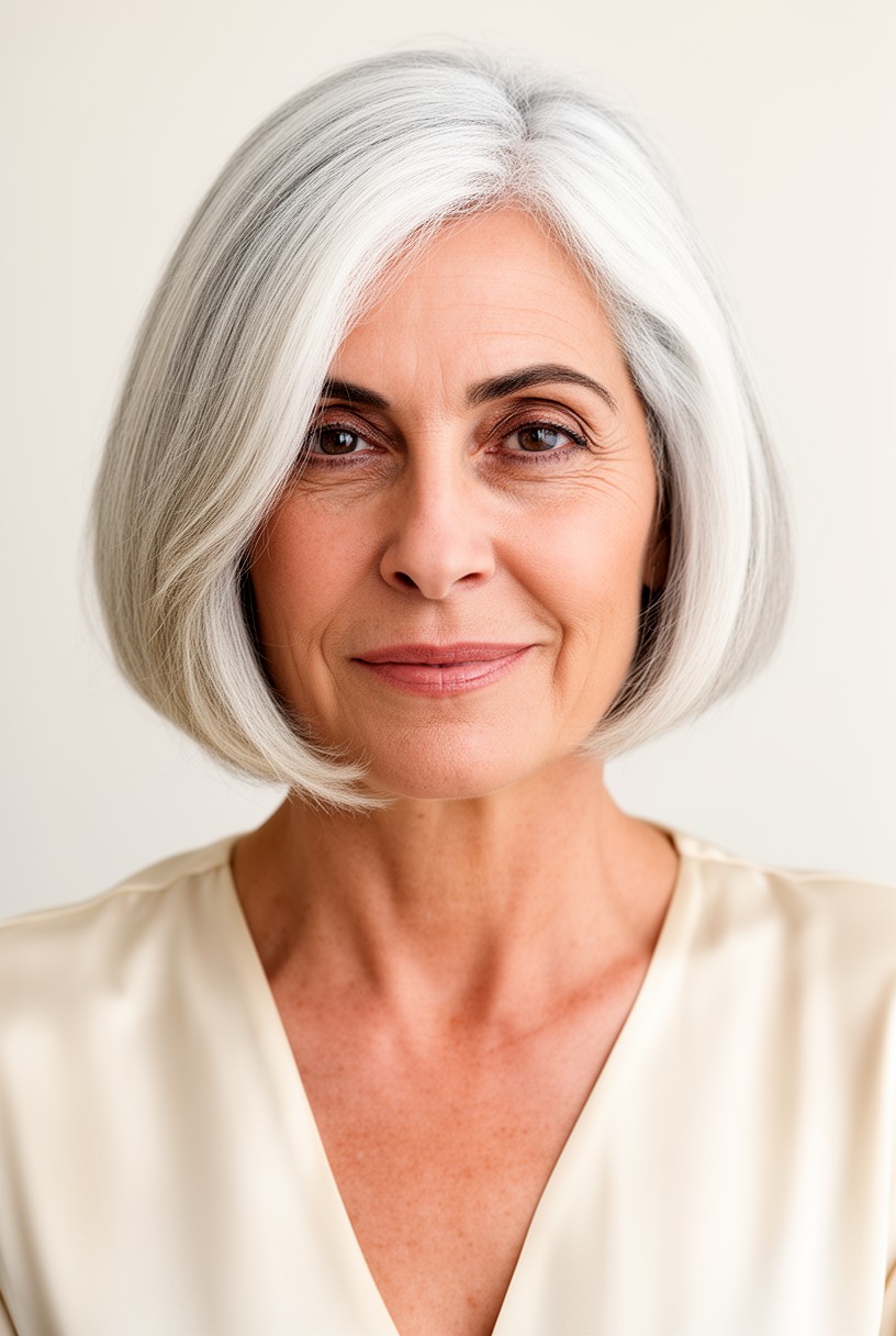 Femme de 60 ans avec un bob asymétrique blanc et une raie profonde sur le côté