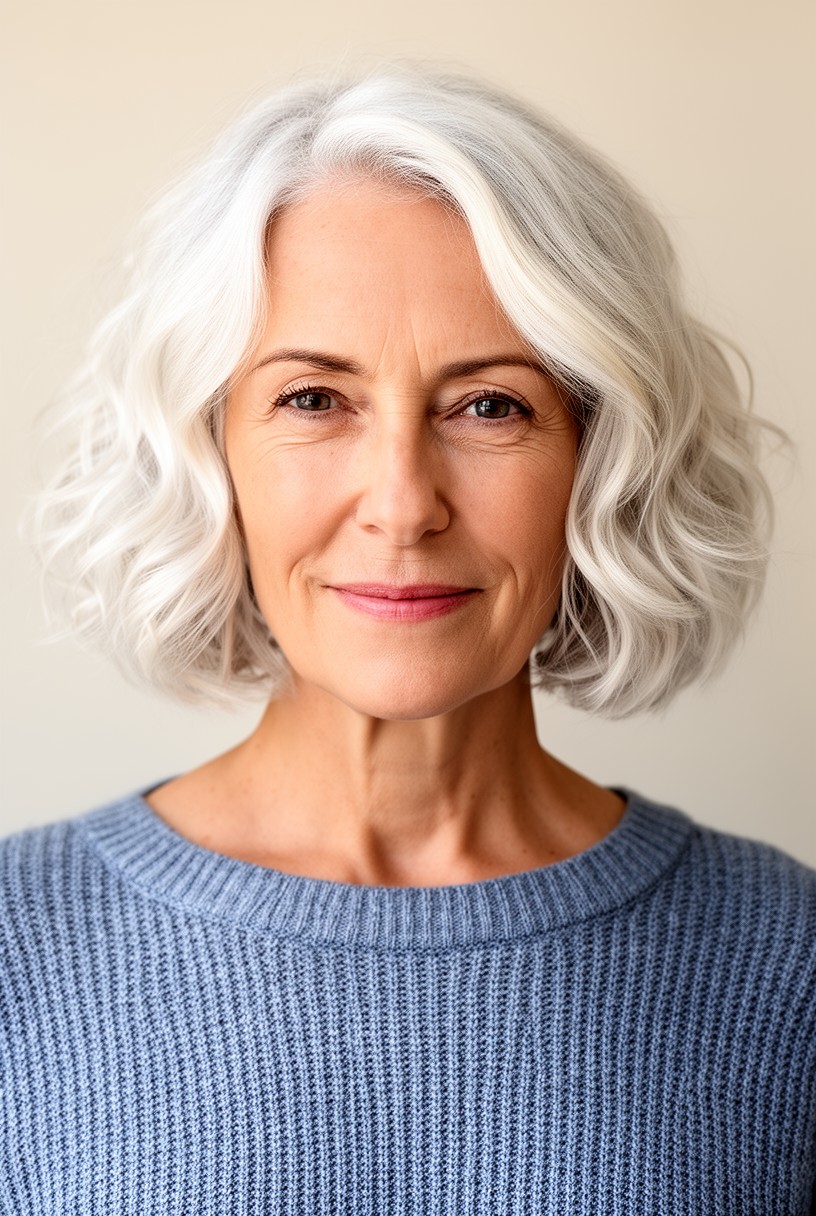 Femme de 62 ans avec un carré court ondulé sur cheveux blancs