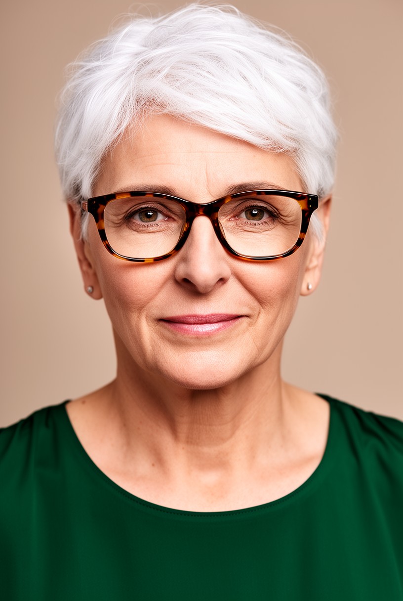 Femme de 63 ans cheveux blancs avec des lunettes écaille épaisses
