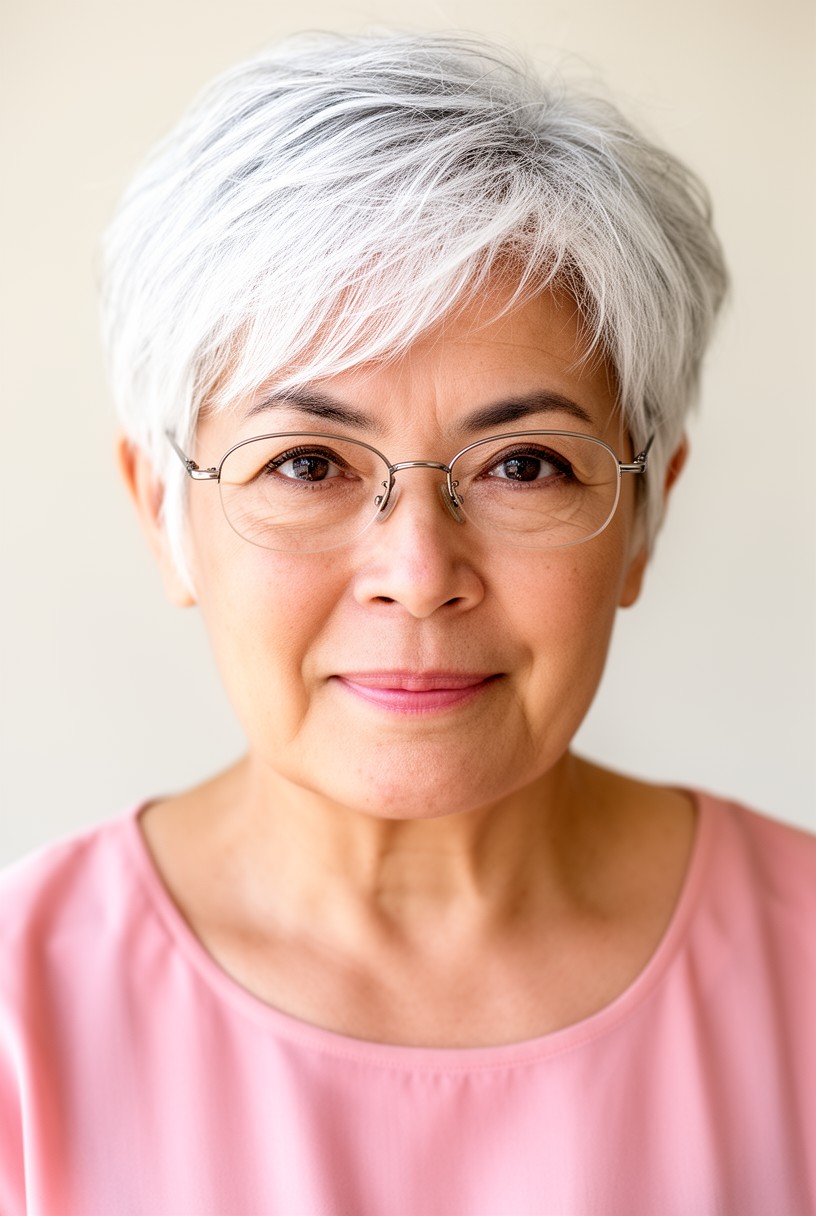 Femme de 61 ans cheveux blancs avec des lunettes fines métalliques
