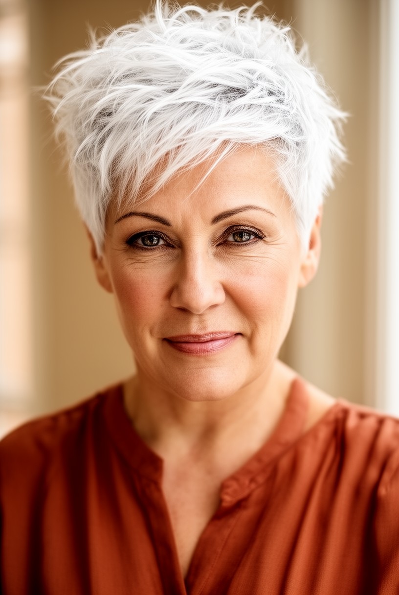 Femme de 64 ans avec une pixie moderne texturisée sur cheveux blancs
