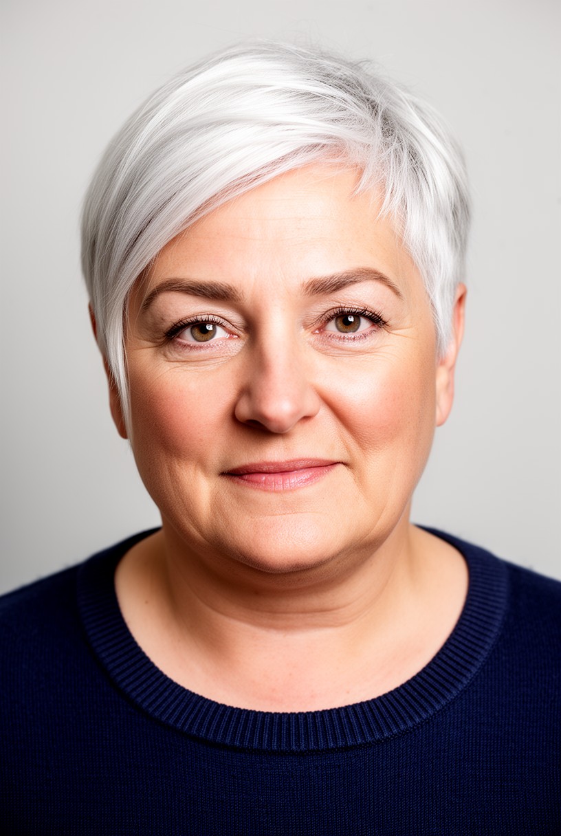 Femme de 61 ans au visage rond avec une pixie asymétrique sur cheveux blancs