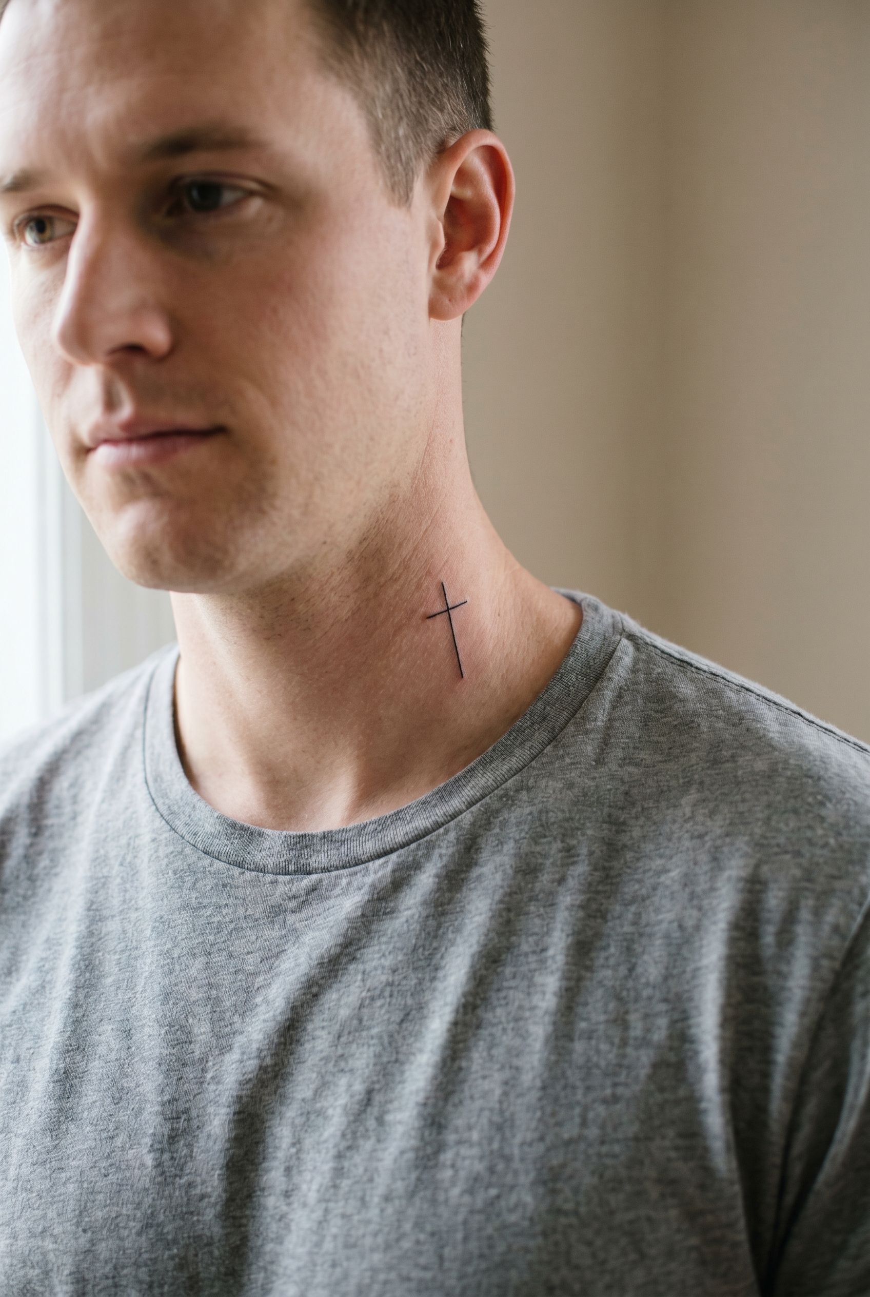 Petit tatouage croix fine sous l'oreille d'un homme