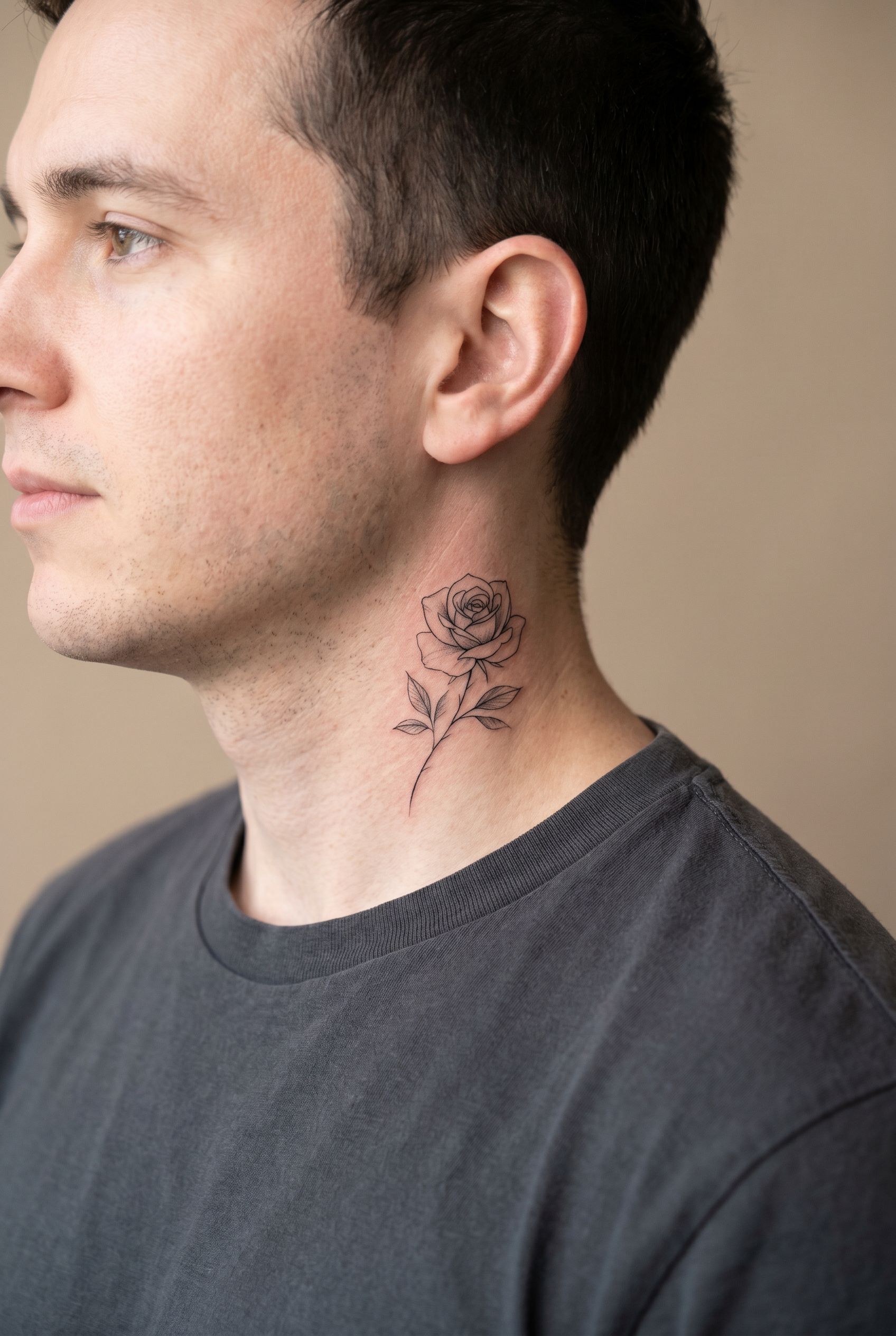 Tatouage rose en fine line sur le côté du cou d'un homme
