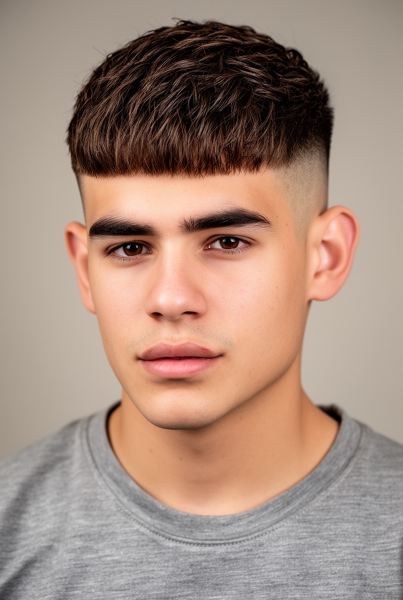 Homme avec une coupe couronne et une frange courte façon crop
