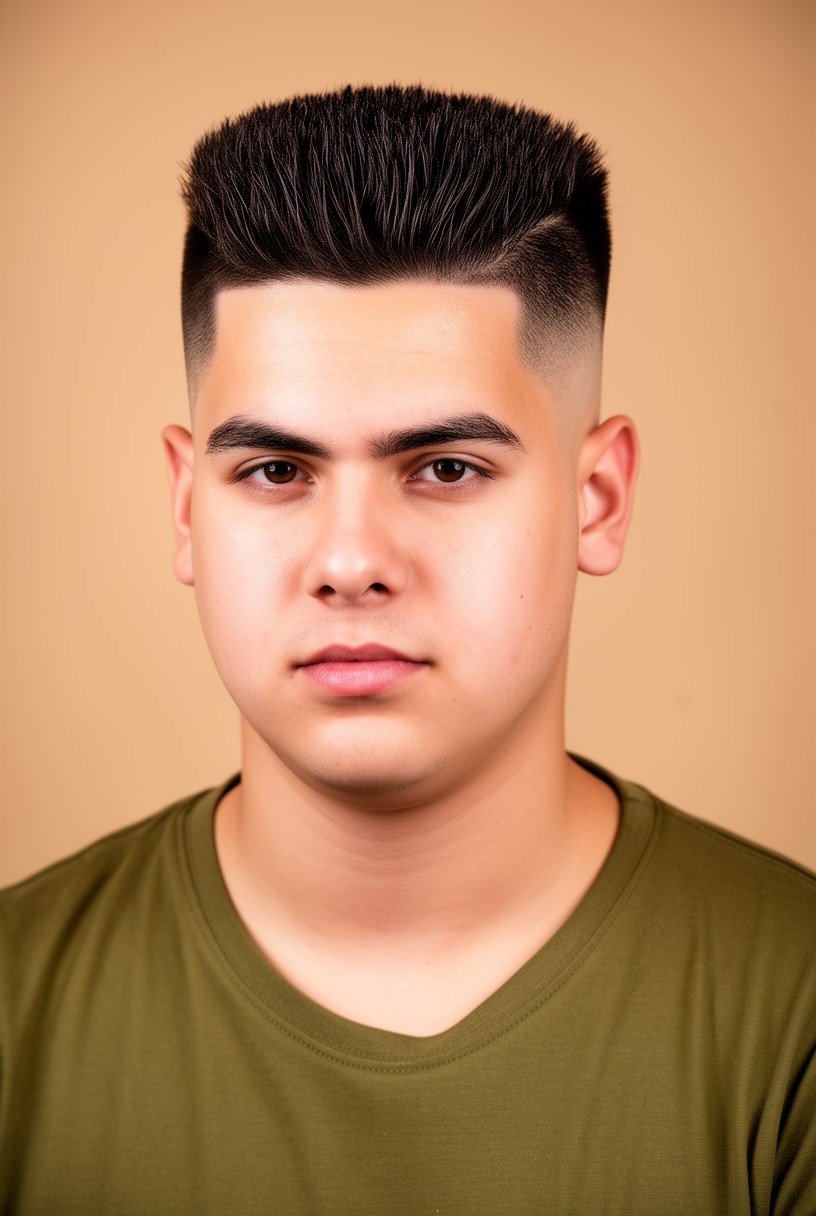 Homme au visage rond avec une coupe couronne haute sur le dessus