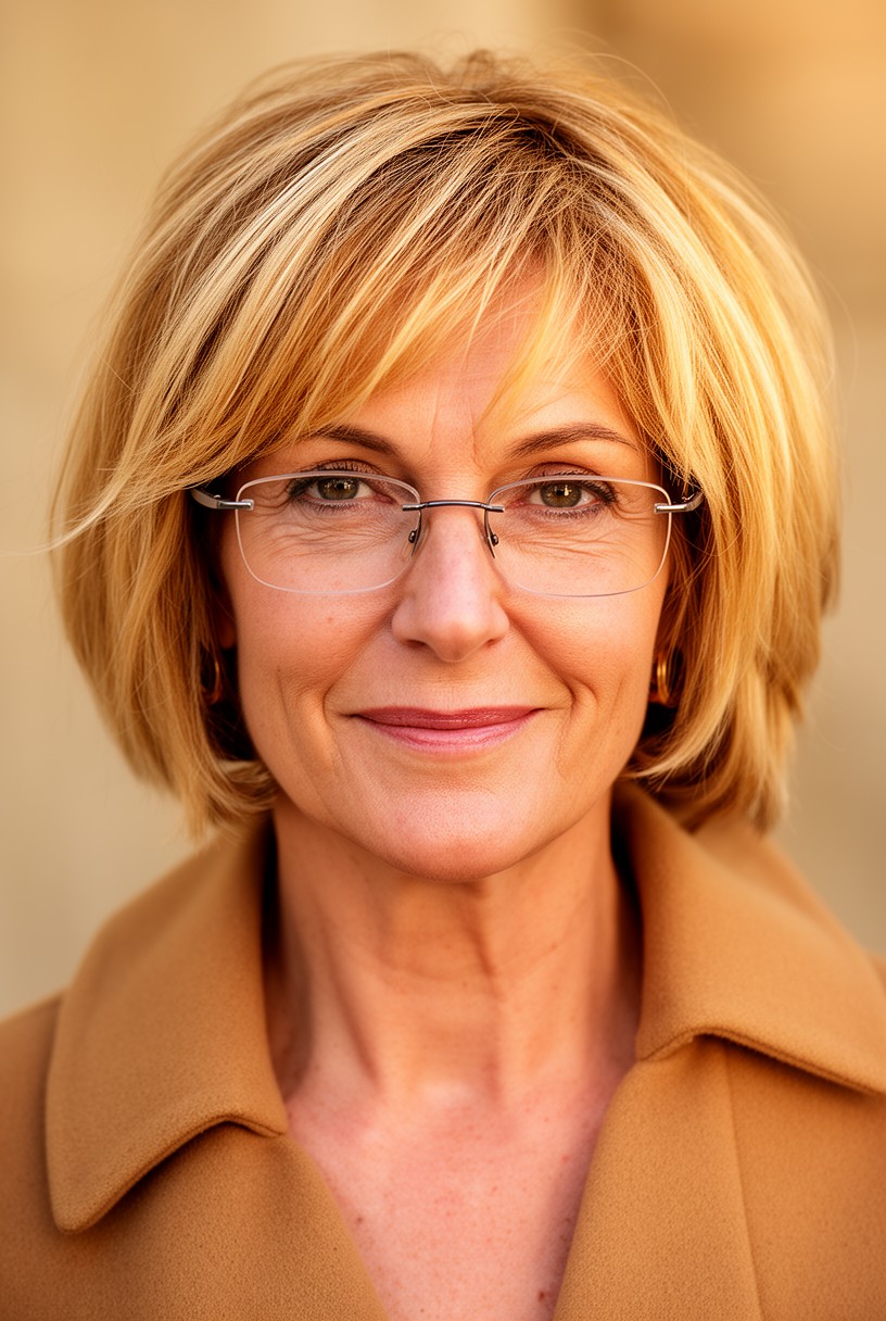 Femme de 50 ans avec une coupe courte blond doré lumineux et des lunettes