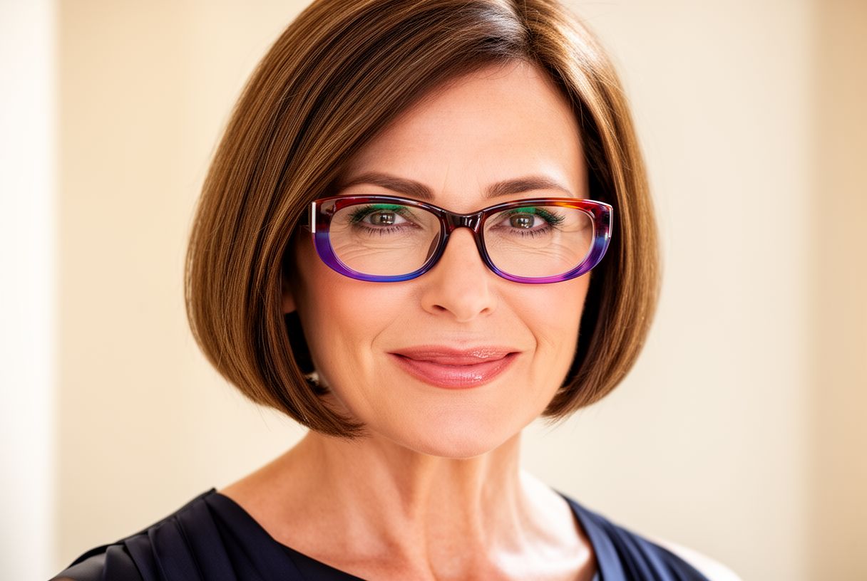 Femme de 50 ans avec un carré court et des lunettes colorées