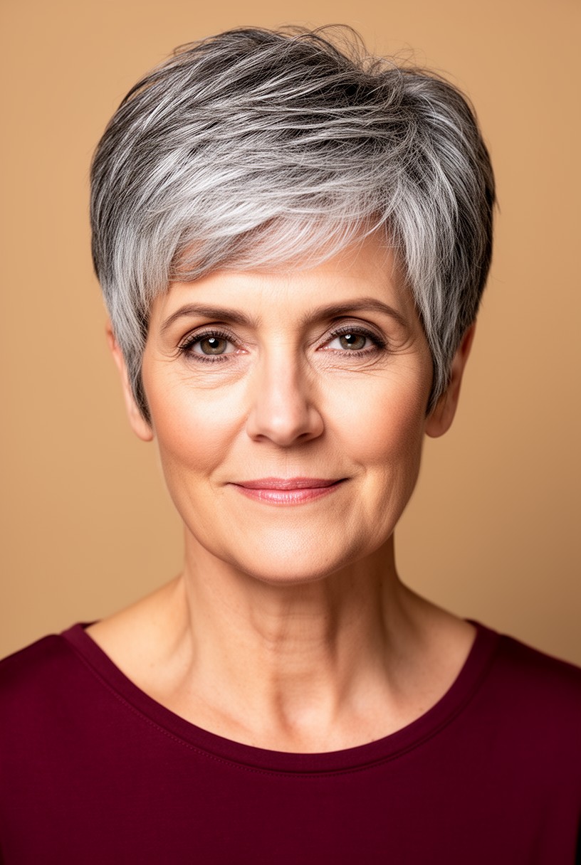 Femme de 50 ans avec une coupe courte dégradée et du volume sur le dessus