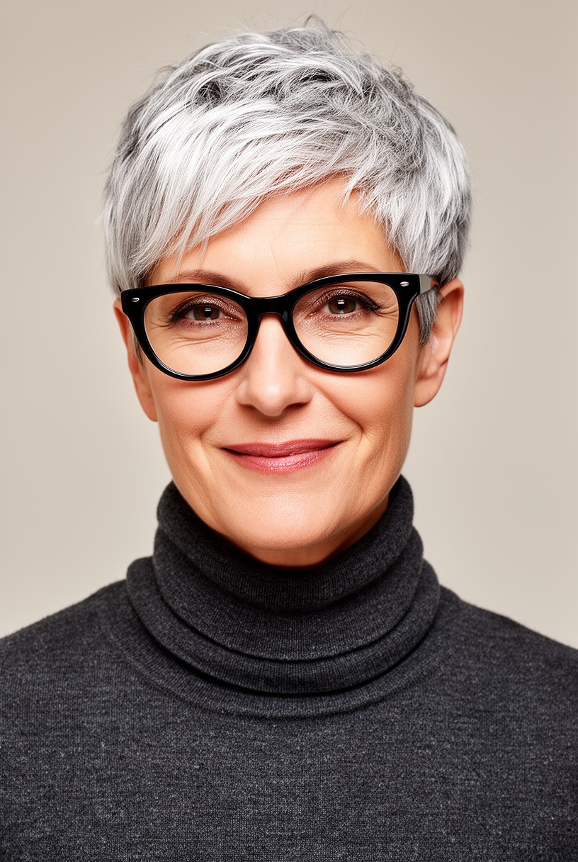 Femme de 50 ans avec une coupe courte gris argenté lumineux et des lunettes