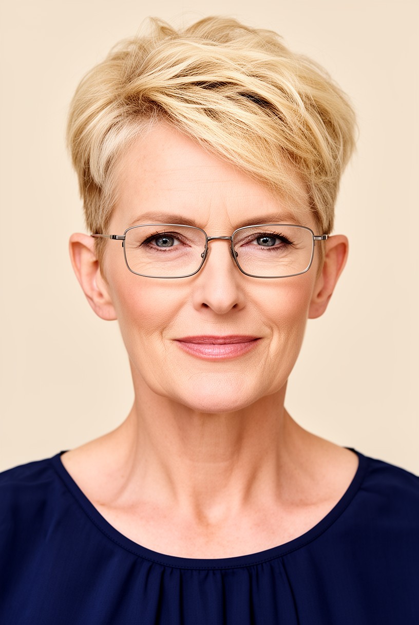 Femme de 50 ans aux cheveux fins avec une coupe courte et des lunettes