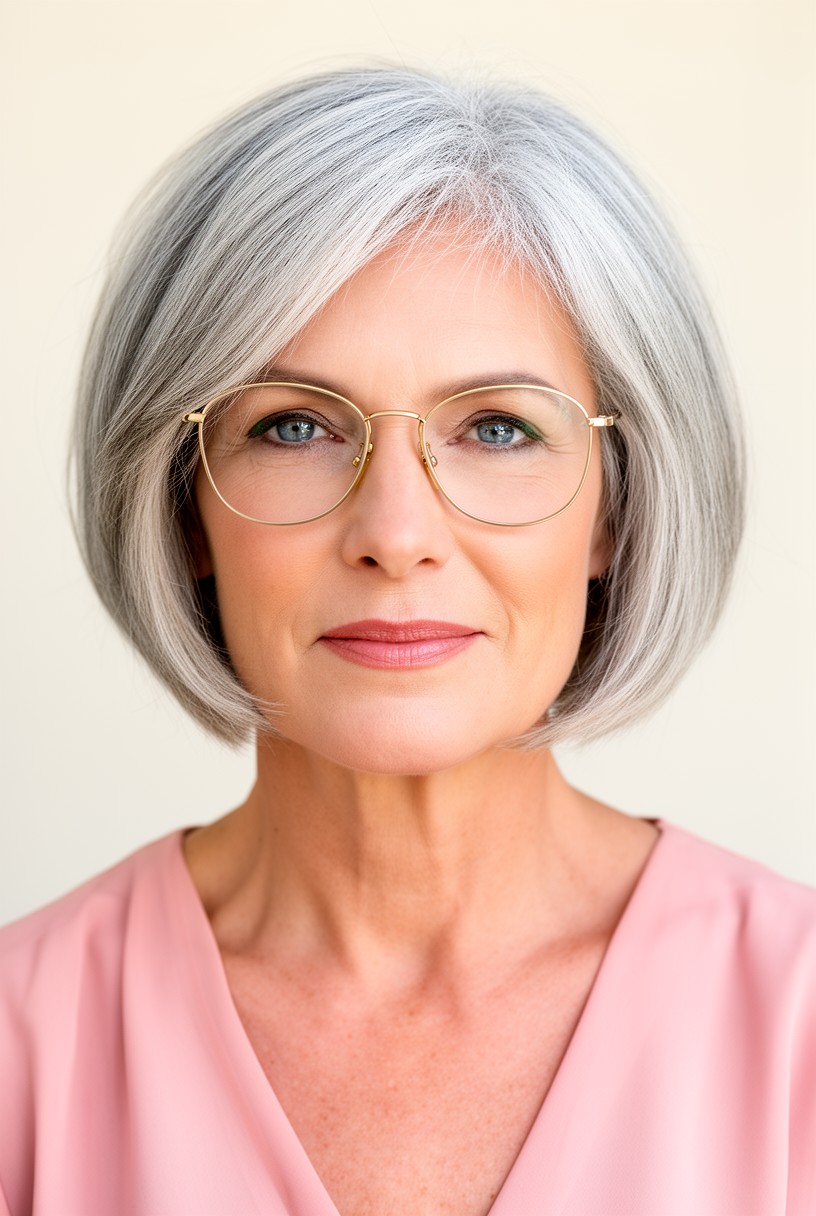 Femme de 50 ans avec un carré court et des lunettes à monture métallique fine