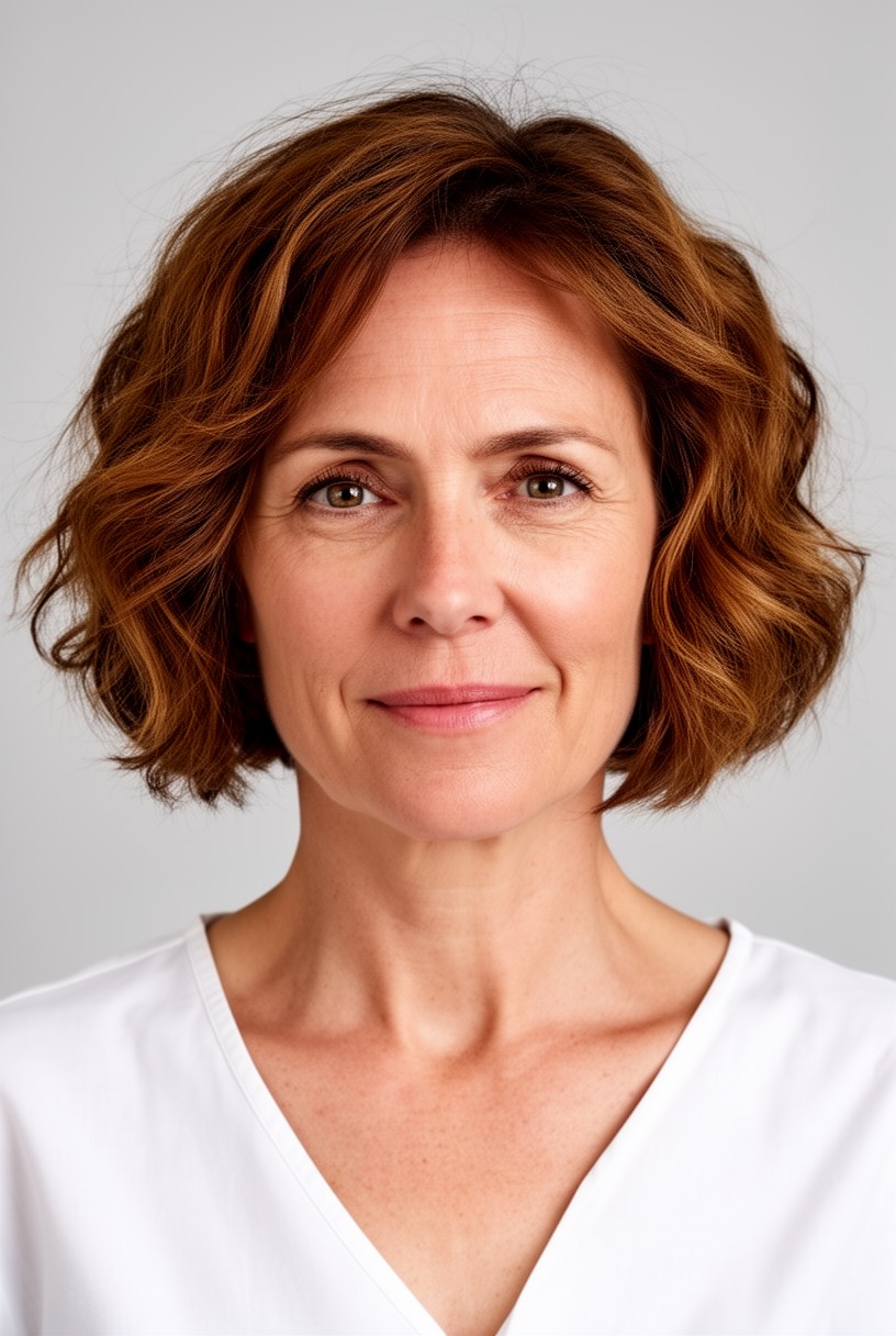 Femme de 50 ans avec un carré court ondulé qui adoucit la mâchoire