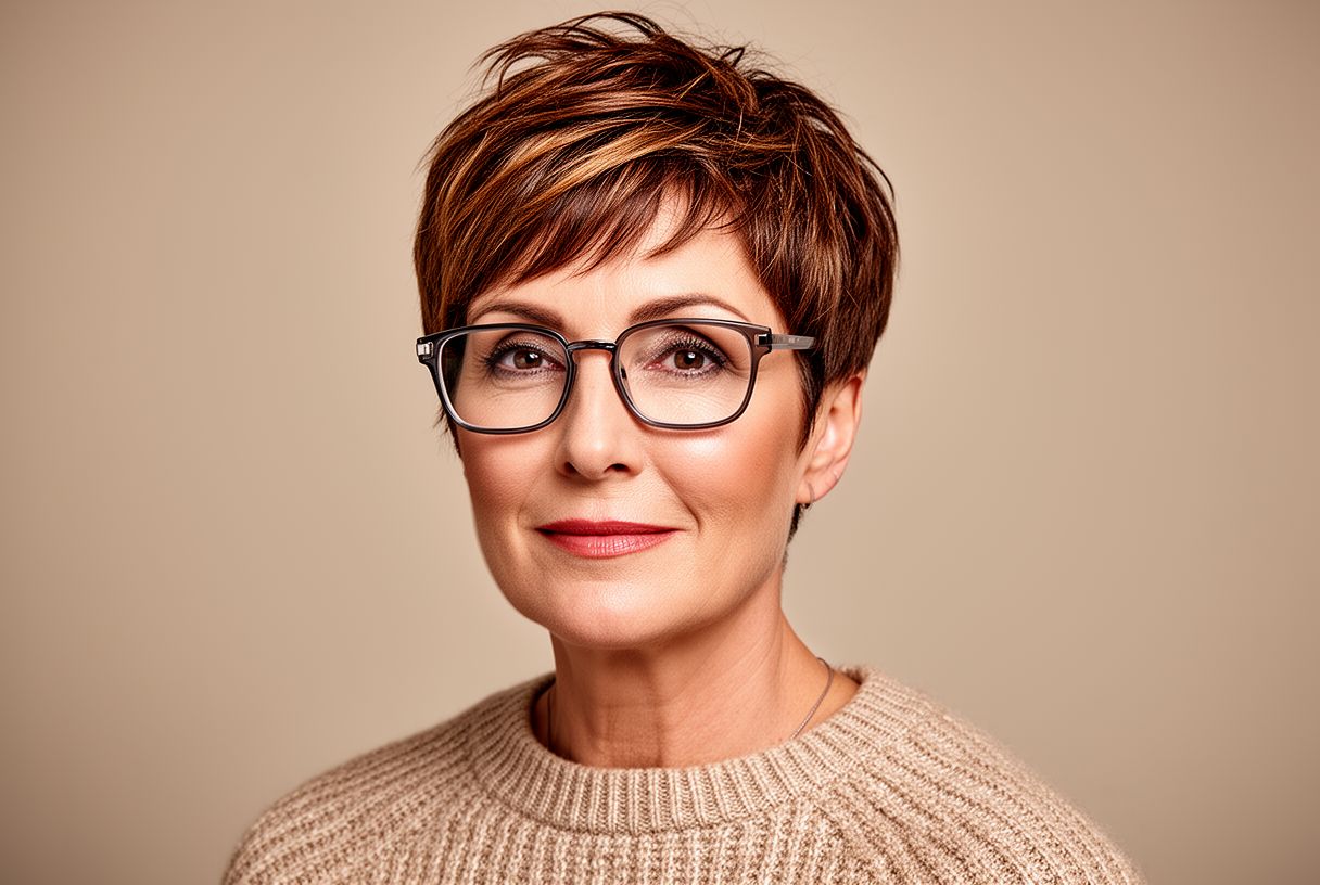 Femme de 50 ans avec une coupe pixie et des lunettes