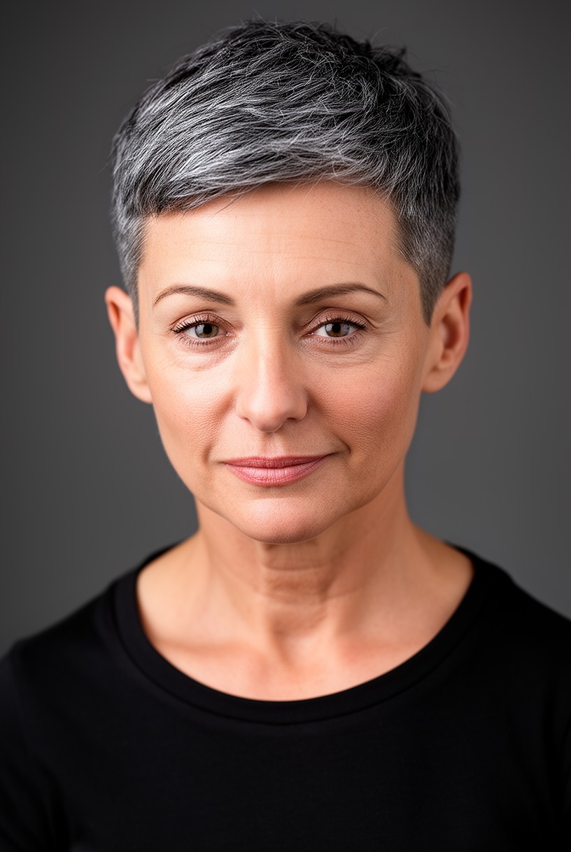 Femme de 50 ans avec un undercut doux dégagé aux tempes
