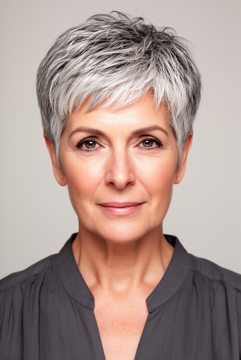 Femme de 60 ans avec une coupe courte effilée poivre et sel