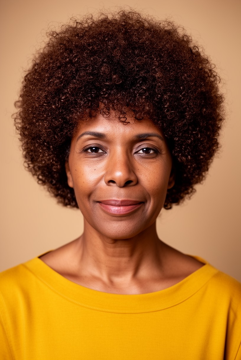 Femme de 50 ans avec une coupe afro courte assumée