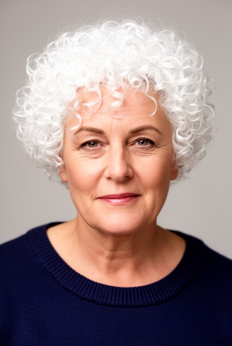 Femme de 50 ans avec des boucles courtes blanches éclatantes