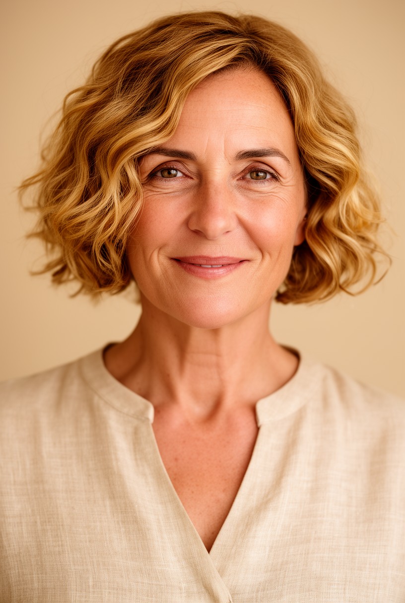 Femme de 50 ans avec une coupe courte à boucles souples et ondulées