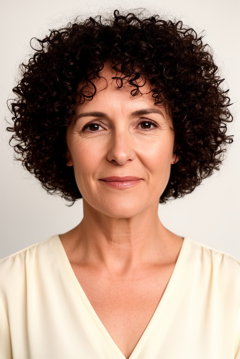 Femme de 50 ans avec une coupe courte bouclée brun cuivré