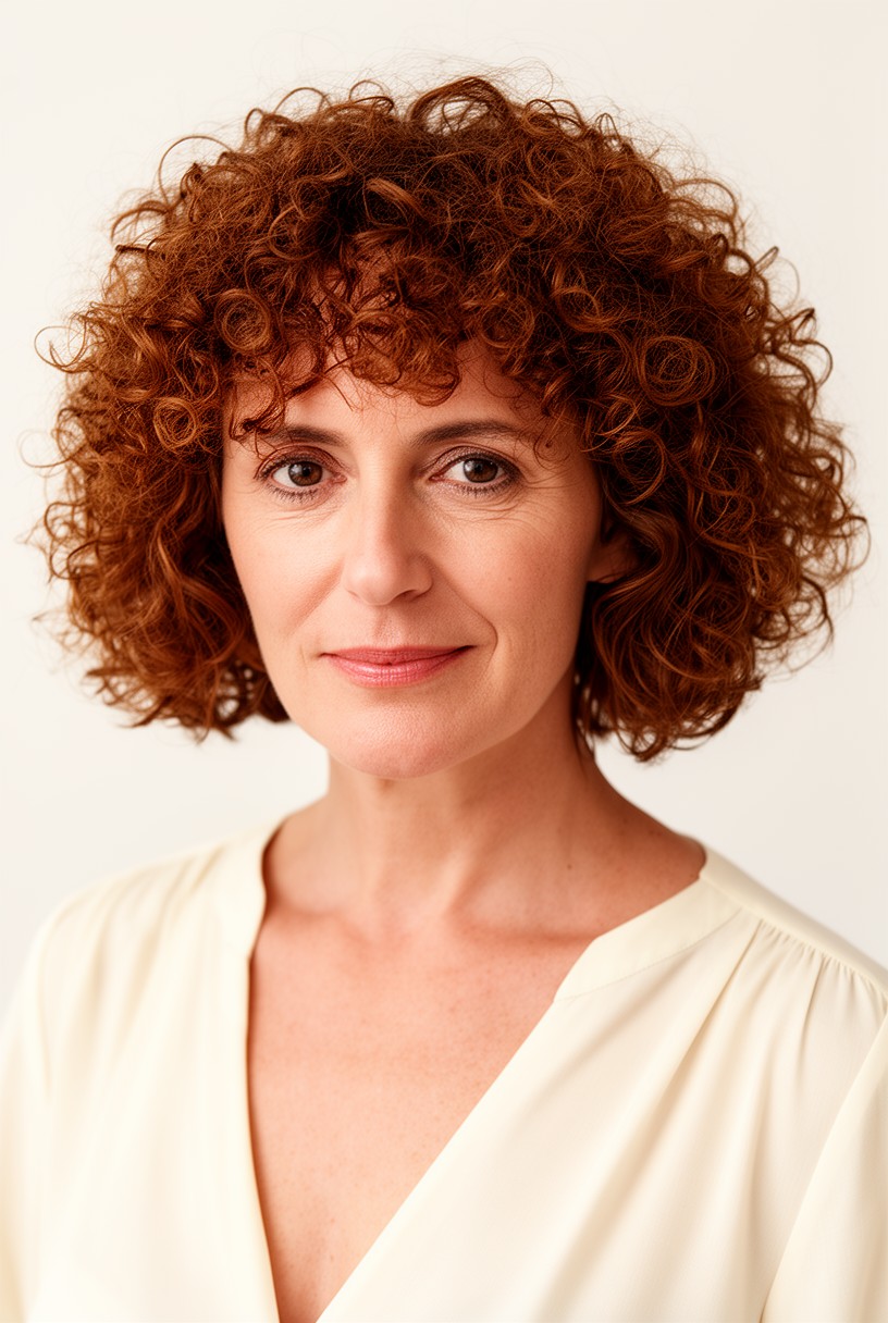 Femme de 50 ans avec un carré court frisé qui encadre le visage