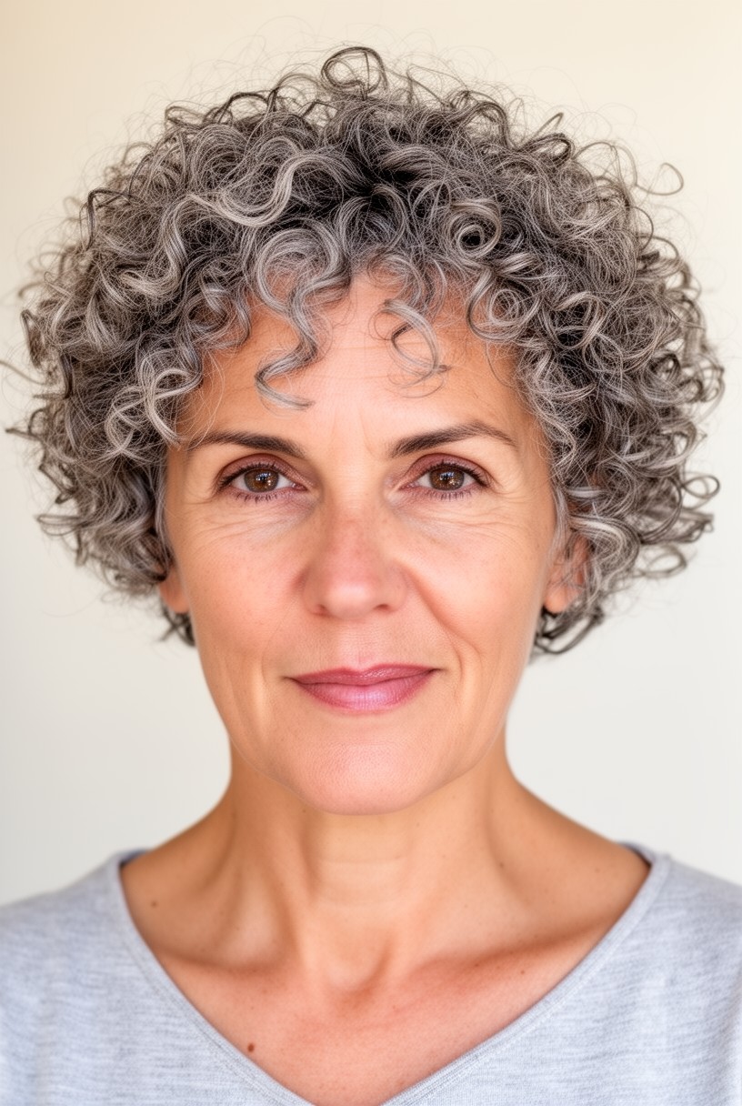 Femme de 50 ans séchant ses boucles courtes au diffuseur tête en bas
