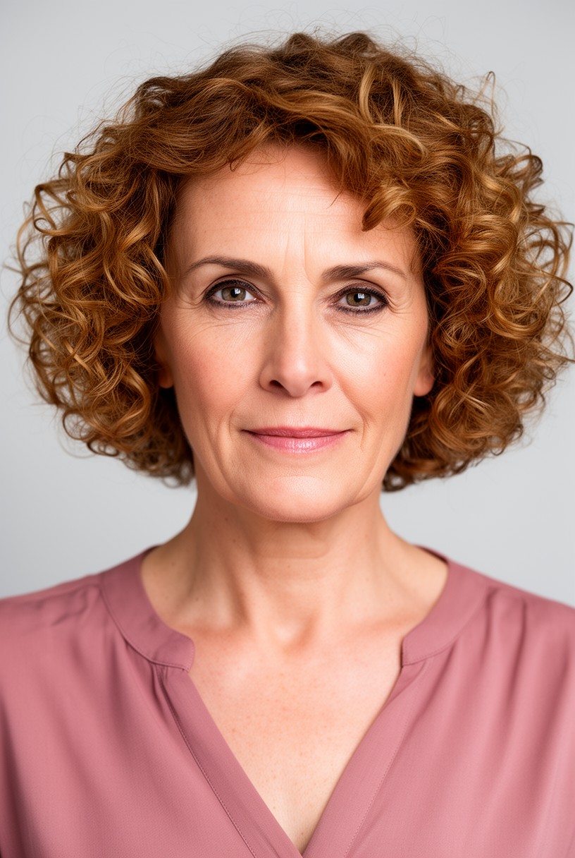 Femme de 50 ans au visage carré avec des boucles souples autour du visage