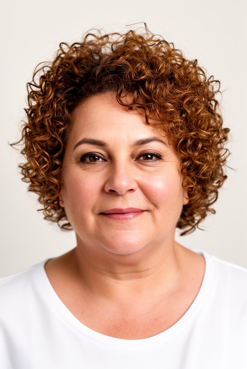 Femme de 50 ans au visage rond avec du volume bouclé sur le dessus