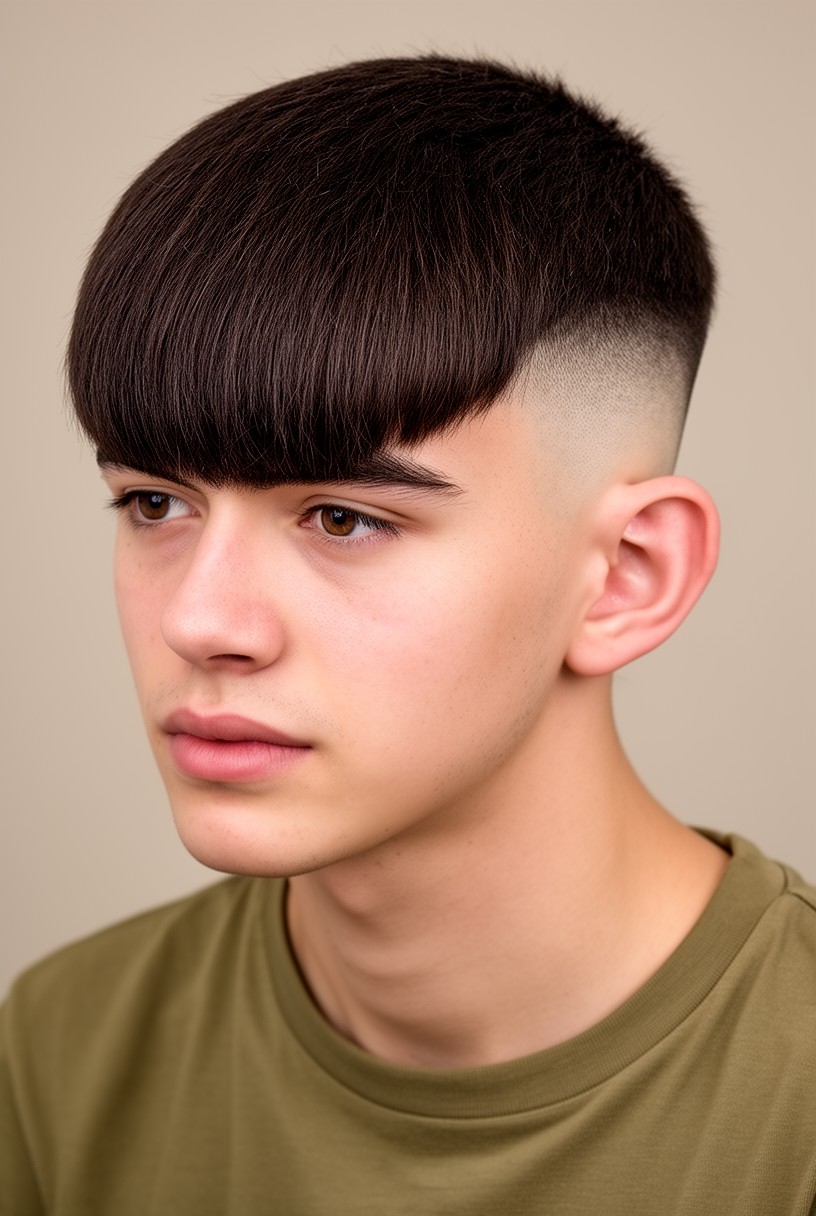 Homme aux cheveux épais avec une french crop à frange droite fournie