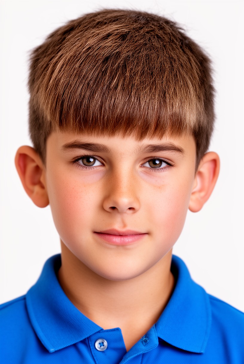 Garçon de 11 ans avec une frange texturisée ramenée vers l'avant