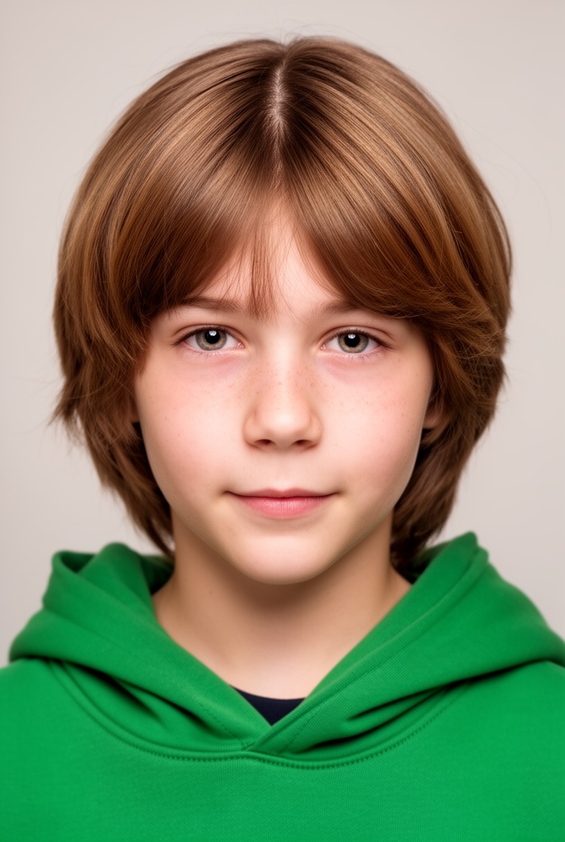 Garçon de 12 ans avec une coupe mi-longue à rideau séparée au milieu