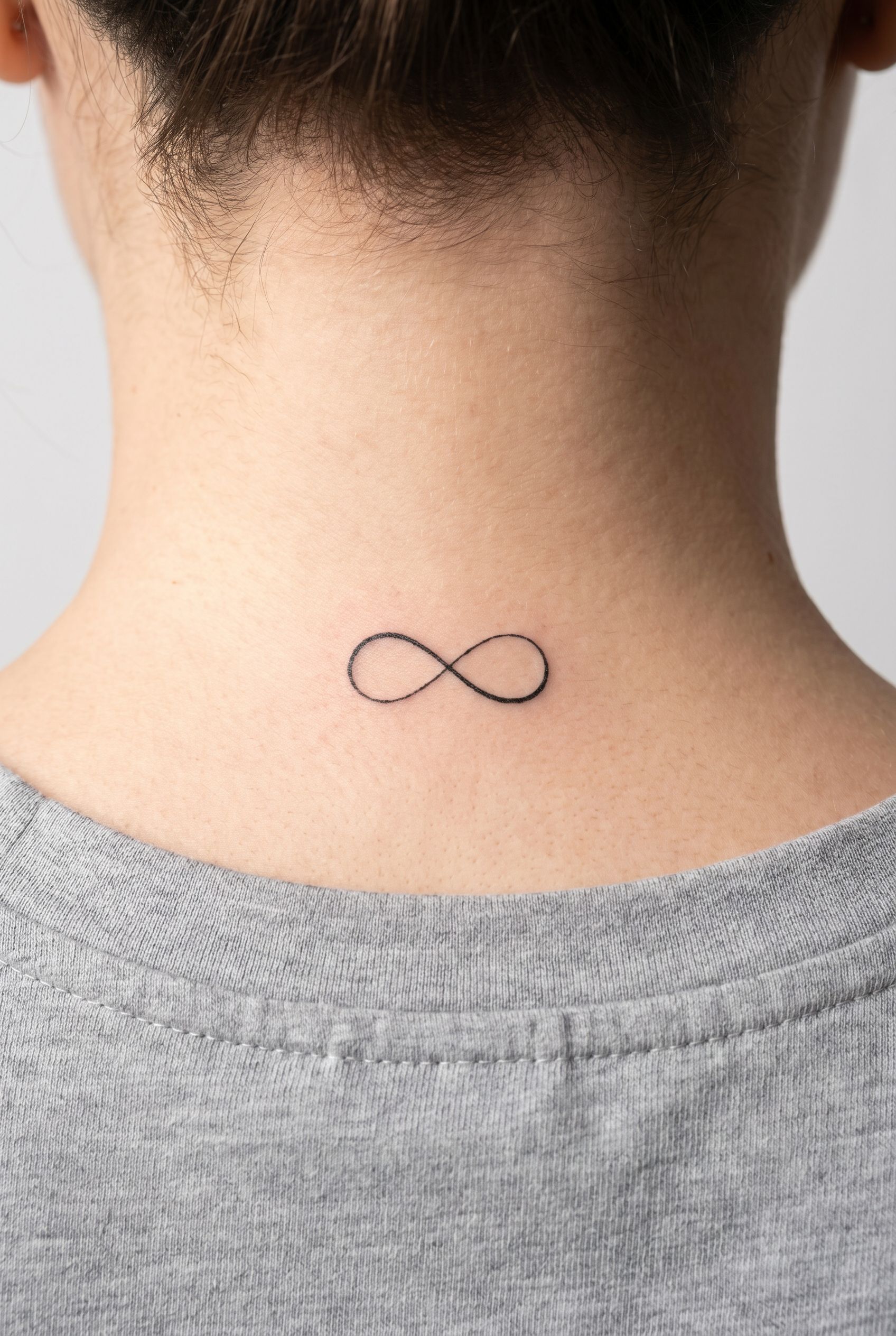 Tatouage d'un symbole de l'infini entrelacé sur la nuque d'une femme