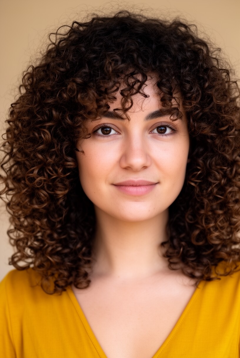 Femme aux cheveux mi-longs bouclés dégradés au ressort bien dessiné