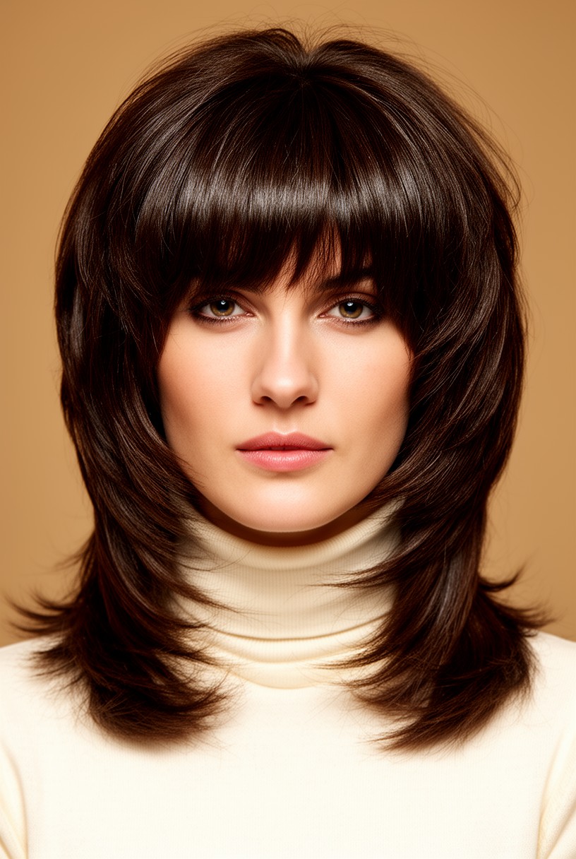 Femme aux cheveux mi-longs avec un butterfly cut très volumineux autour du visage