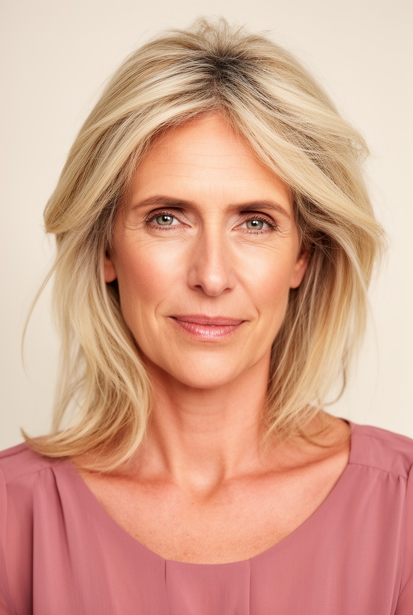 Femme aux cheveux fins mi-longs dégradés avec du volume aérien