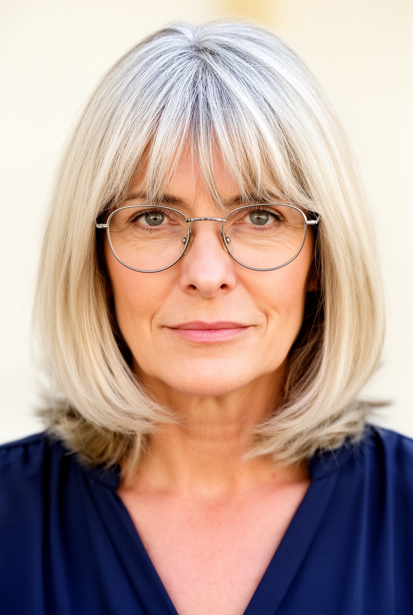 Femme aux cheveux mi-longs dégradés portant des lunettes à monture fine