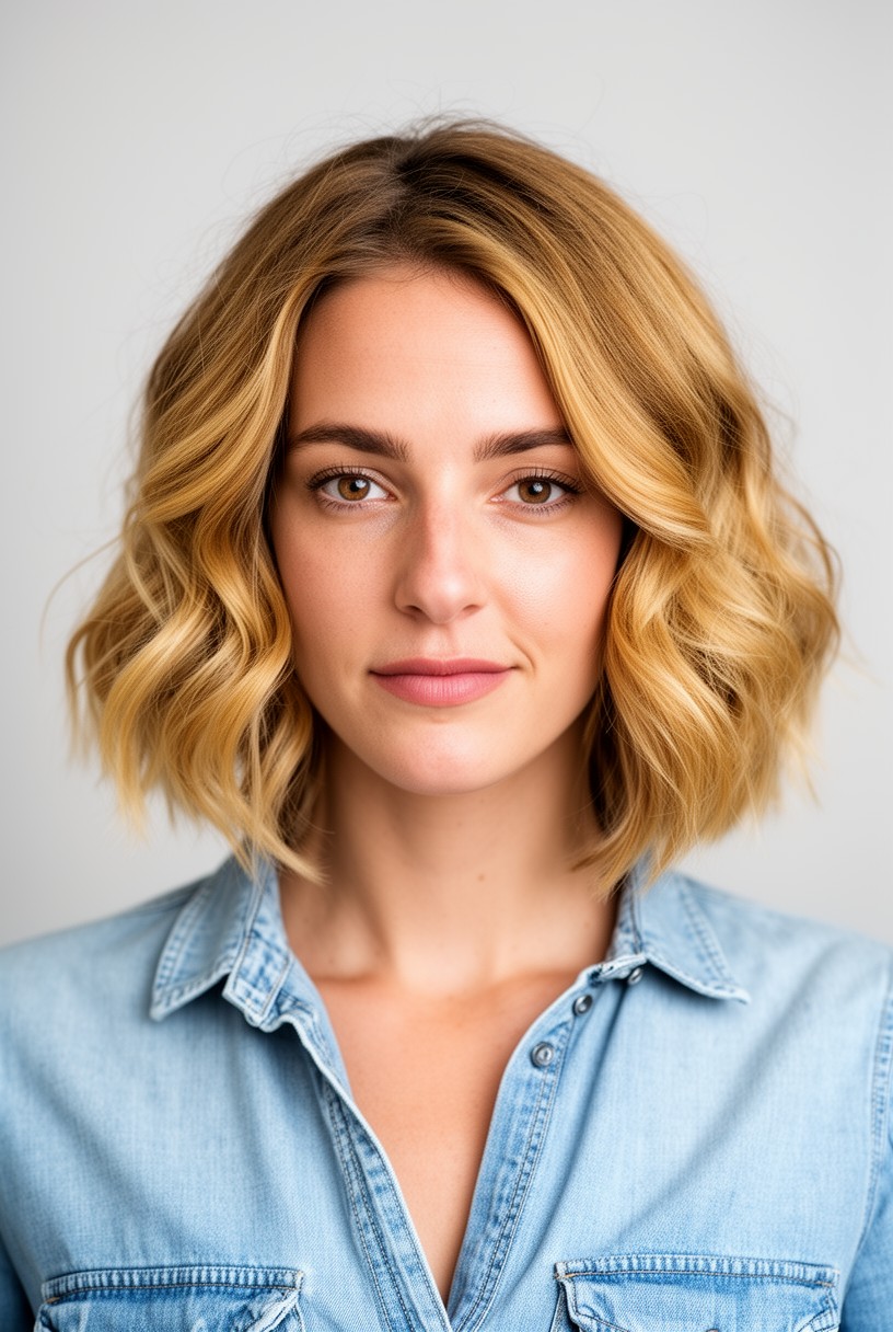 Femme avec un wavy bob mi-long ondulé et dégradé