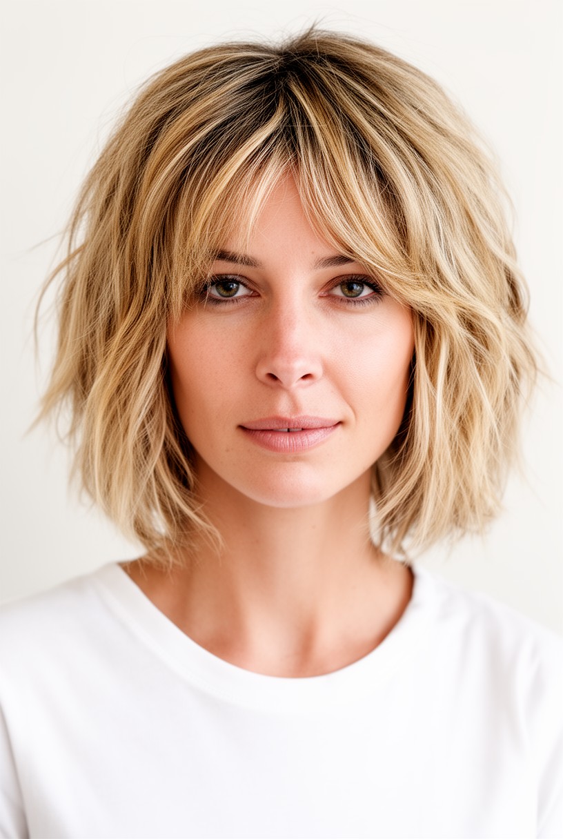 Femme avec une coupe shag blonde balayée et lumineuse