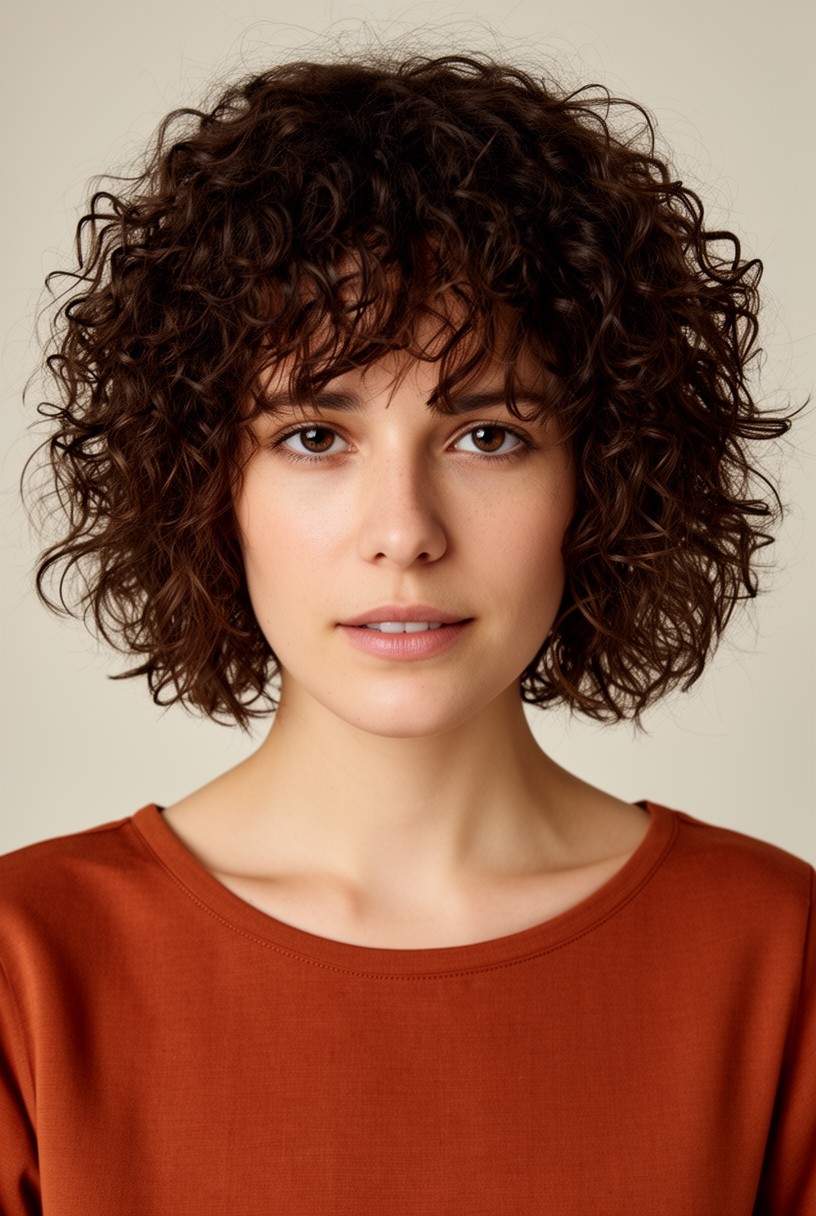 Femme aux cheveux bouclés avec une coupe shag volumineuse