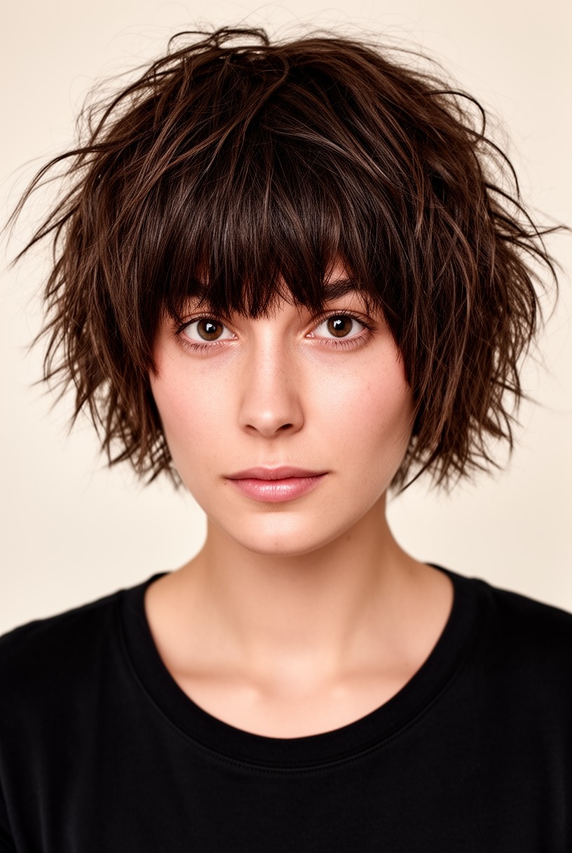 Femme avec une coupe shag courte rock et texturisée