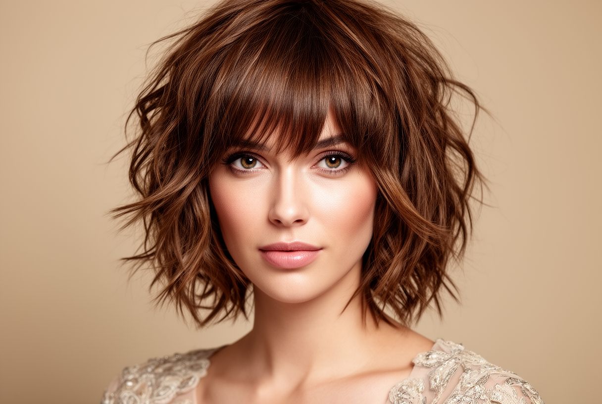 Femme coupe shag avec frange effilée